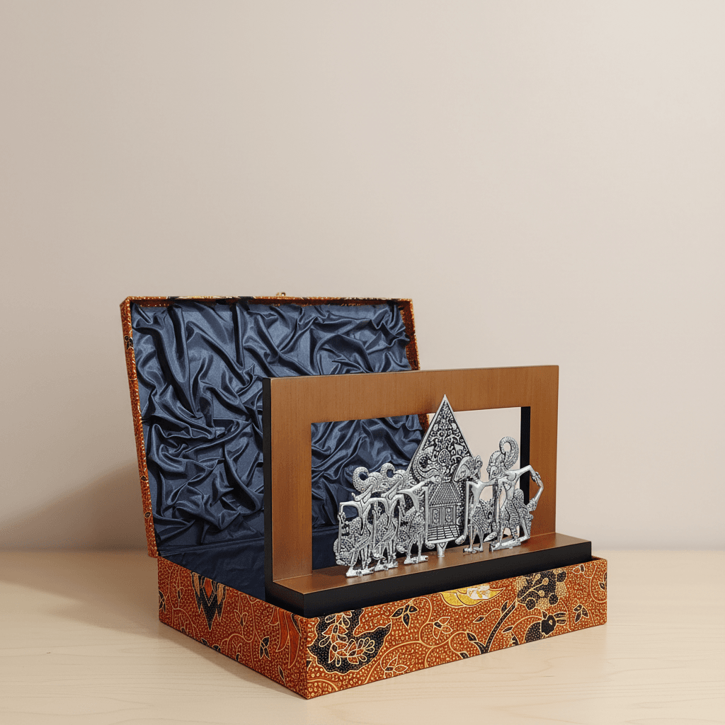 Souvenir Indonesia Wayang Gunungan Pandawa 5 Logam Background Stage Kayu - Gambar 9